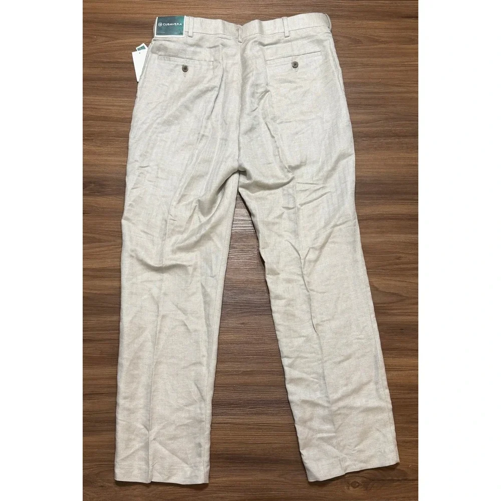 Cubavera Men's Linen Blend Flat Front Herringbone Pants Beige Sz 36x32 NWT